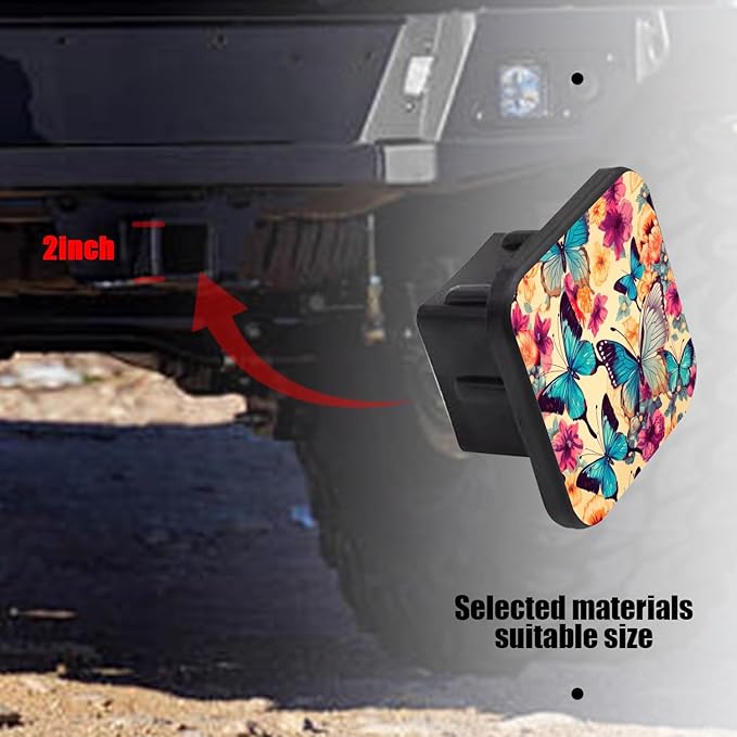 Hitch Cover Fits for 2-Inch Hitch,Blue Butterflies and Colorful Flowers Pattern Rubber Trailer Hitch Cover Tube Plug Insert,Car Exterior Accessories, Receiver Tube Hitch Plug