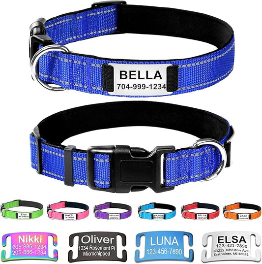 Custom Dog Collars with Name Plate, Engraved Name Plate ID Tags with Reflective Nylon Dog Collar,Soft Neoprene Padded Adjustable Pet Collar for Small Medium Large Dogs,S Blue