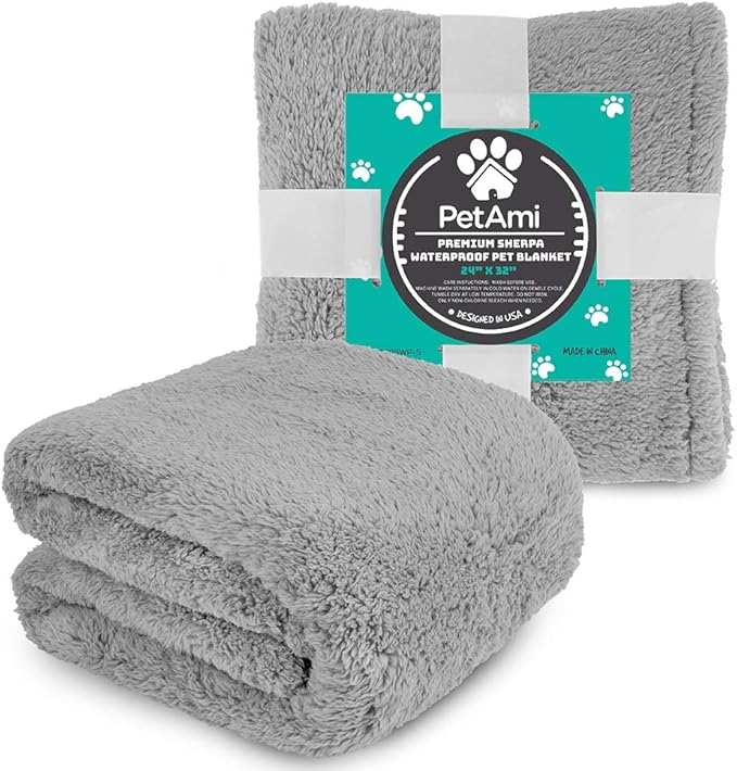 PetAmi Fluffy Waterproof Dog Blanket for Small Medium Dogs, Soft Warm Pet Sherpa Throw Pee Proof Couch Cover, Reversible Cat Puppy Bed Blanket Sofa Protector, Plush Washable Pad (Light Grey, 24x32)