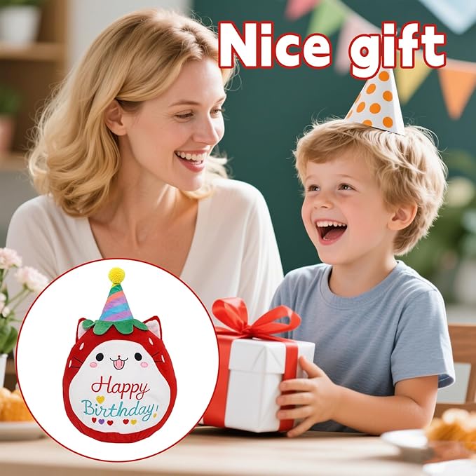 Strawberry Cat Plush Stuffed Animal Red Cat Plush Wear Birthday Hat Kawaii Stuffed Toys Soft Home Plushie Decoration Gifts for Boys Girls