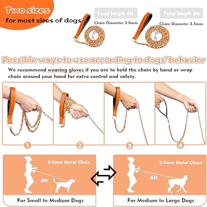 Heavy Duty Metal Dog Leash, Chew Proof Dog Chain Leash with Comfortable PU Leather Padded Handle, Metal Chain and Nylon Rope Leash for Medium Large Pooch Walking Training (6ft 3.0mm Orange)