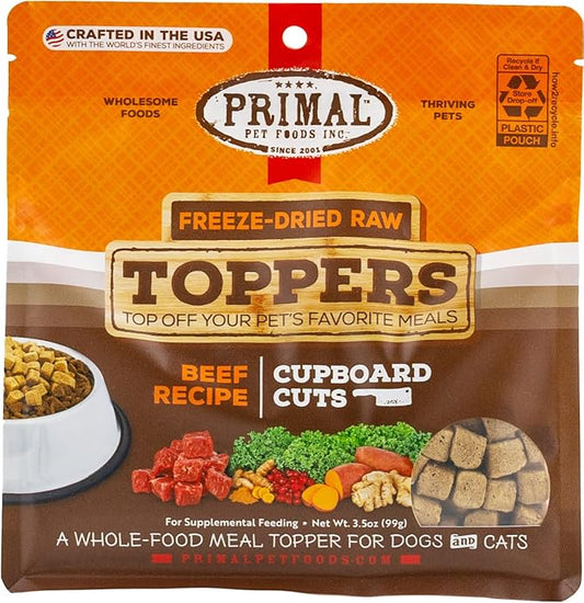 Primal Dog Food Toppers & Cat Food Toppers, Cupboard Cuts, Grain Free Meal Mixers with Probiotics, Raw Freeze Dried Dog Treats & Cat Treats, Great for Training (Beef, 3.5 oz)