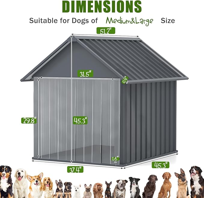 Erinnyees 45" Dog House Outdoor with Door Curtain and Weatherproof Puppy Shelter, Anti-Chewing Iron Frame, Sturdy and Long-Lasting Dog Tent for Medium Large Dogs