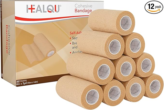 HEALQU Self Adhesive Bandage Wrap – 4" x 5 Yard, 12 Rolls Cohesive Tape for Athletic & Sports - Self Adherent Medical Tape, Flexible, Waterproof Elastic Bandages for Wrist & Ankle Vet Wrap for Dogs