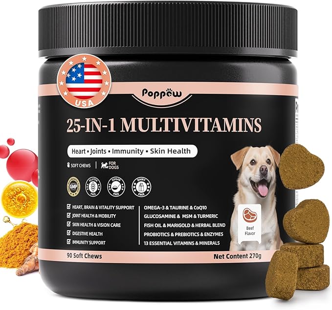25-in-1 Dog Multivitamin Chews – All-in-One Daily Vitamins & Supplements for Dogs, Joint Support with Glucosamine MSM, Omega-3 Skin & Coat, Gut, Heart & Brain, All Breeds & Ages, Beef, 60Ct