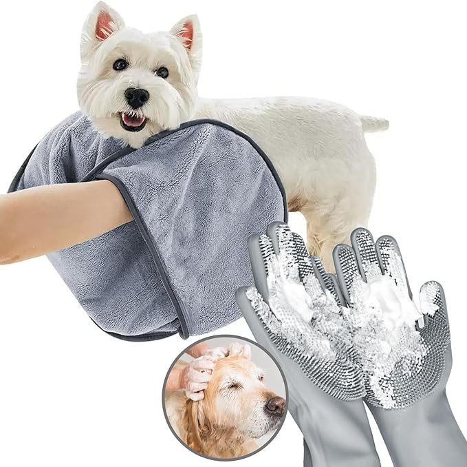 Dog Washing Gloves - Quick Drying Dog Towel,Cat Bath Grooming Gloves Brush with High-Density Teeth for Bathing Massaging，Absorbent Pet Bath Towel 30.3"x13.8" with Hand Pocket for Dog Cat Grey