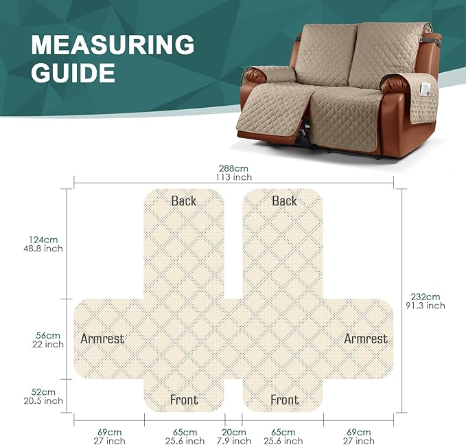 Ruaozz Waterproof Recliner Sofa Cover 1-Piece Couch Covers for Reclining Couches Reclining Sofa Cover Washable Furniture Protector with Elastic Straps Pocket for Kids, Pets (Khaki, 2 Seater)