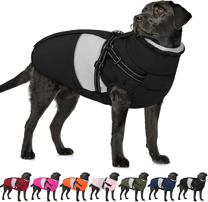 AOFITEE Dog Coat, Large Dog Jacket, Dogs Coat with Harness Built in, Reflective Waterproof Dogs Jackets Winter with Furry Collar, Warm Polar Fleece Pet Sweater Snowsuit for Doberman, Great Dane XXXL