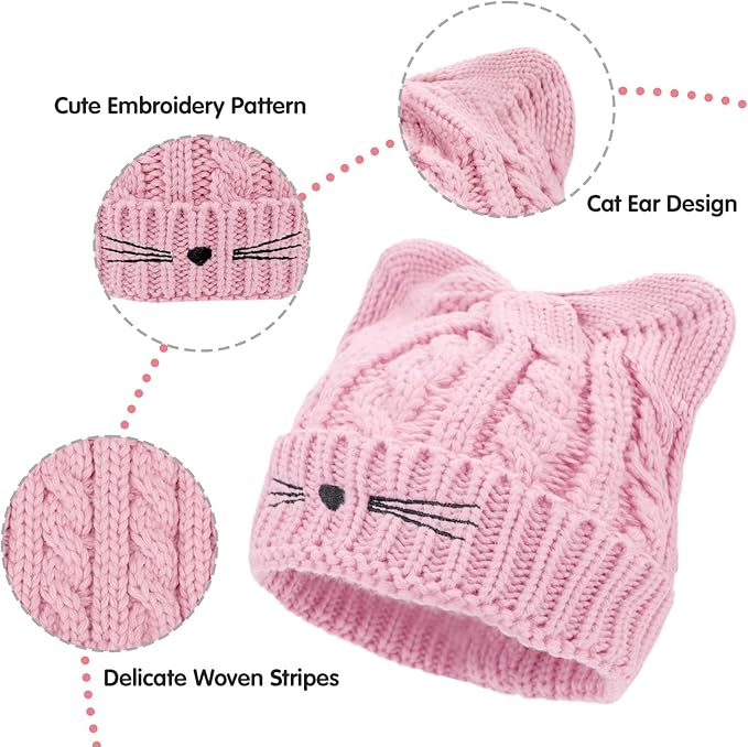 Kids Girls Cat Ear Hat Winter Warm Knit Beanie Cute Ski Skull Cap for Ages 7-12