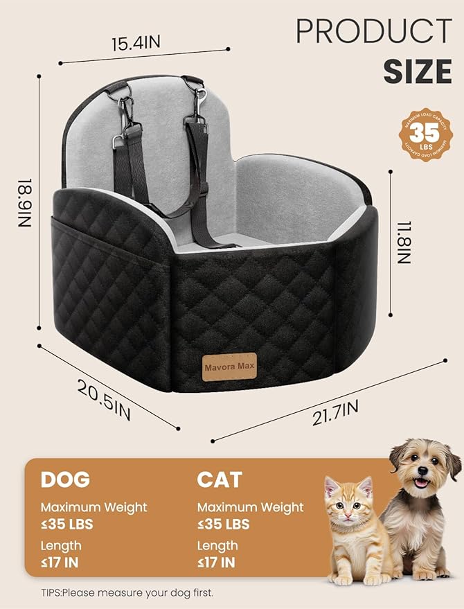 Dog Car Seat for Small/Medium Dogs, Elevated Dog Booster Seat Memory Foam Puppy Car Seat with Washable Cover, Travel Safety Pet Seat Bed for Car with Storage Pockets Up to 35 lbs (Black/Grey)