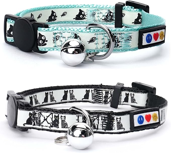 Pawtitas Glow in The Dark Cat Collar with Breakaway Safety Buckle & Bell Adjustable Kitten Collar, Set of 2 GID Teal/Black