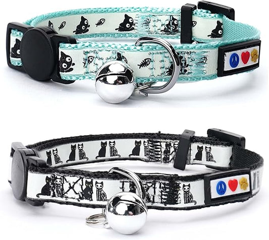 Pawtitas Glow in The Dark Cat Collar with Breakaway Safety Buckle & Bell Adjustable Kitten Collar, Set of 2 GID Teal/Black