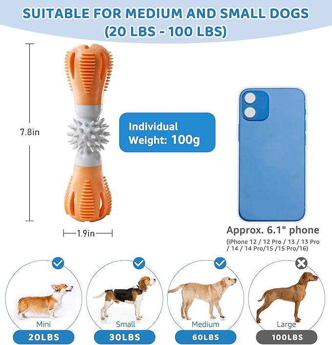 Durable Dog Chew Toy, Natural Rubber Treat Dispensing Puzzle Toy for Small & Medium Breeds – Interactive Teething, Training, and Dental Care Toy to Keep Dogs Engaged & Relieve Boredom (Orange)