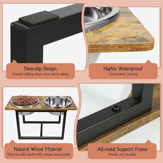 Elevated Dog Bowls for Large Dogs, Raised Dog Bowl Stand with Two X-Large Stainless Steel Bowls for Dogs, 3.5L Capacity, Rustic Brown