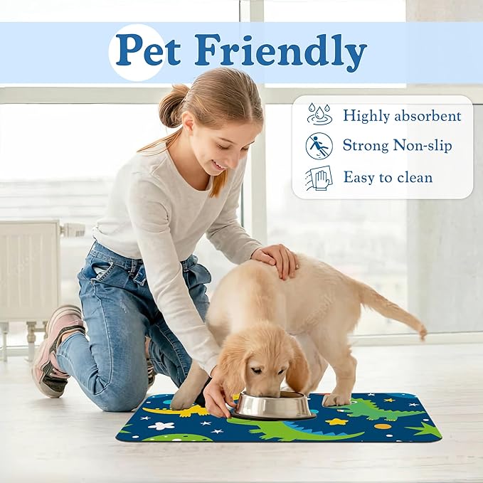Cartoon Dino Pet Feeding Mat–Quick Dry Absorbent Dog Cat Food Mat, Non Slip Waterproof Bowl Placemat for Messy Eaters, Pet Accessories for Floors 16"x24"