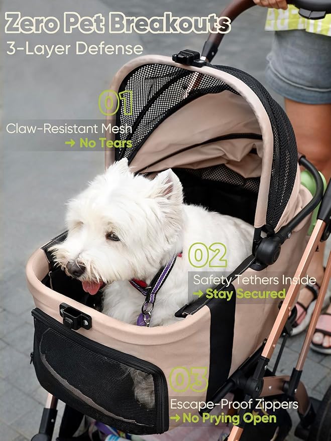 Small Dog Stroller, Pet Stroller for Small Dogs, 5-in-1 Dog Strollers - Fold All in One Without Detaching Carrier, Pet Strollers with Removable Waterproof Carrier for Dogs Cats 10 lbs 20 lbs - Khaki
