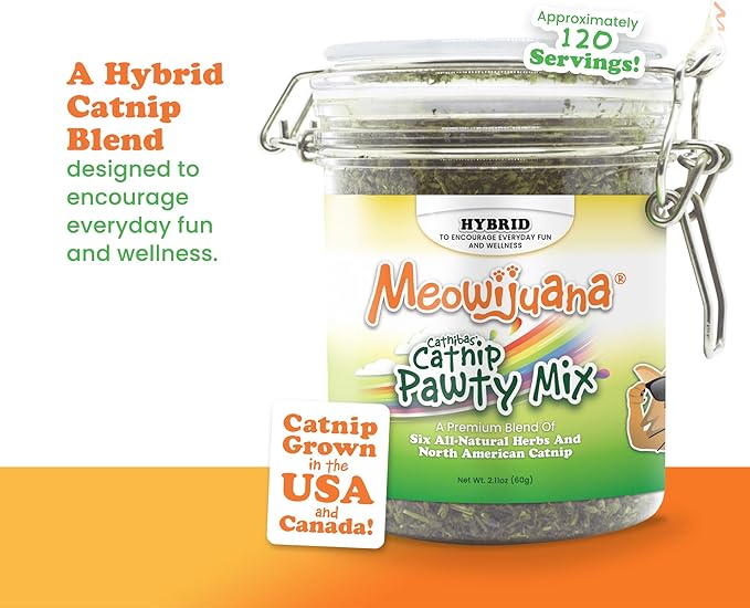 Meowijuana Catnibas Catnip Pawty Mix Jar | Premium Cat Nip for Cats with Silvervine, Passion Flower, Chamomile, Dandelion & Valerian Root | High Potency Catnip | 60g