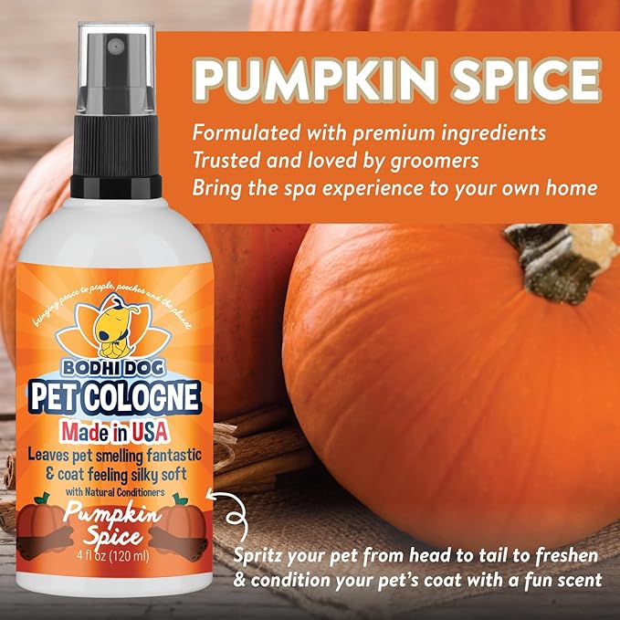 Bodhi Dog Premium Dog Cologne - Deodorizing Dog Perfume & Conditioner for Dogs & Cats - Natural Long Lasting Spray - Keeps Pets Fresh All Day - Gentle, Safe Formula, Made in USA -Pumpkin Spice 4 Fl Oz