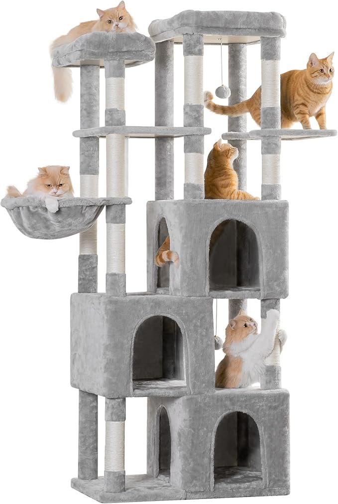 MWPO Extra Large Cat Tree - 70.1-Inch Tall Cat Tower with 3 Cat Condos, Multi-Level Cat Stand for Large Cats Featuring Scratching Posts, Padded Perches, Hammock, Dangling Toys, Light Grey