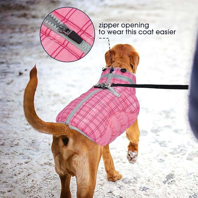 FUAMEY Dog Coat for Large Dogs,Waterproof Dog Winter Jacket with Harness Built in Puppy Cold Weather Coats Reflective Pet Vest with Zipper Warm Fleece Dogs Snowsuit Windproof Rose Plaid XL