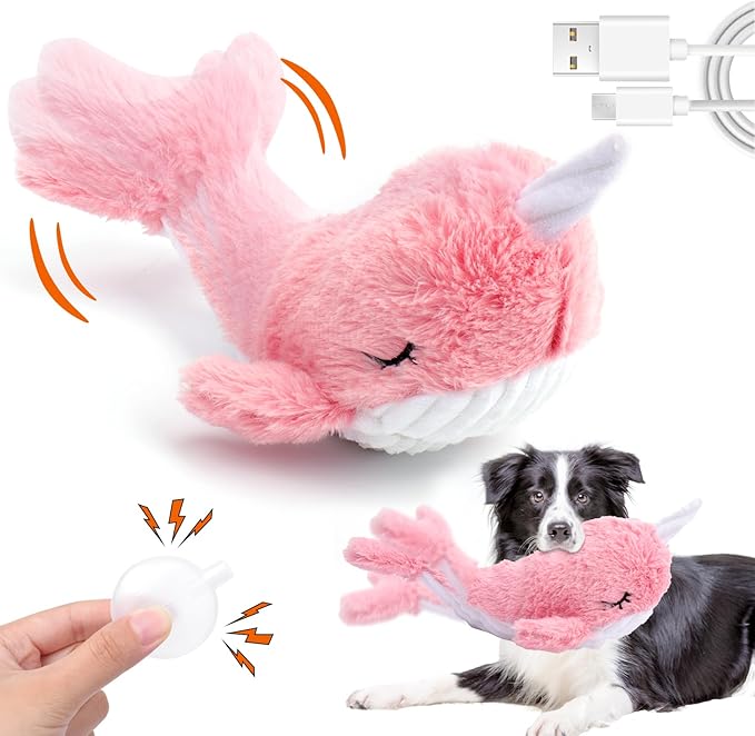 Mity rain 2 in 1 Interactive Dog Toys, Fish Dog Toy to Keep Them Busy, Plush Squeaky Dog Toys, Rechargeable Wiggly Pink Pet Toys for Small Medium Large Dogs, Moving Dog Toys for Indoor&Outdoor