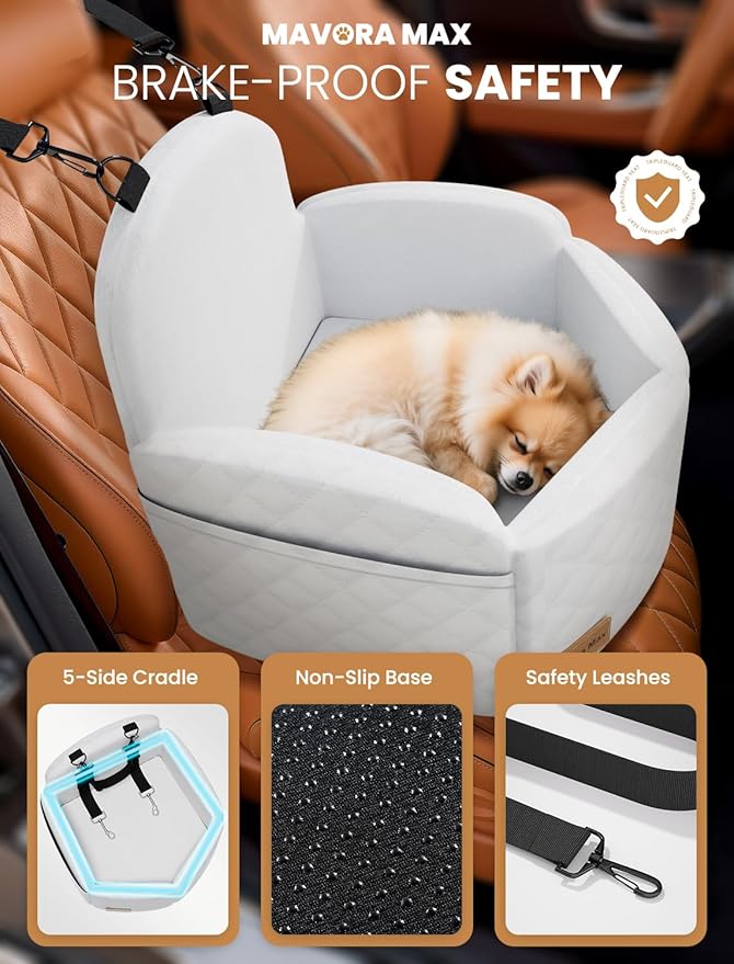 Dog Car Seat for Small/Medium Dogs, Elevated Dog Booster Seat Memory Foam Puppy Car Seat with Washable Cover, Travel Safety Pet Seat Bed for Car with Storage Pockets Up to 35 lbs (White)