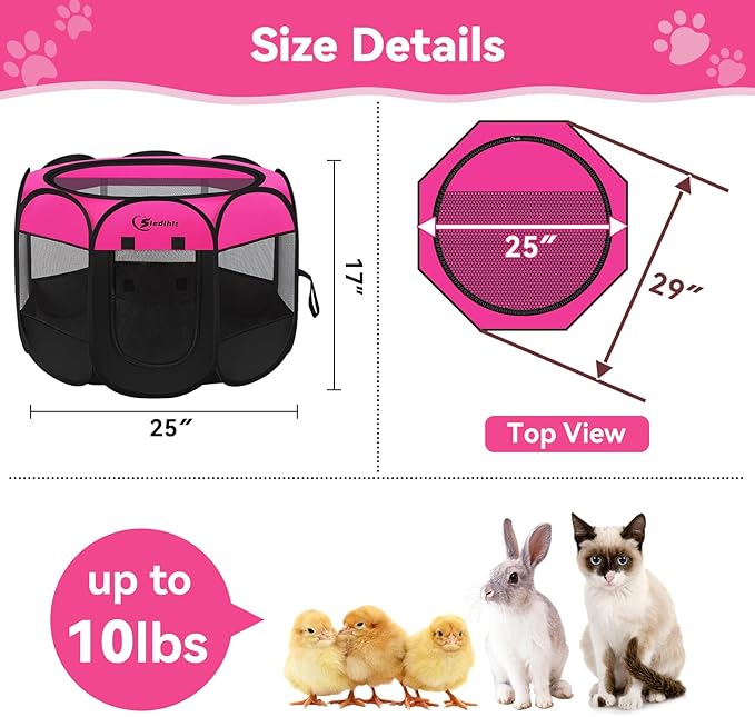 Dog Playpen, Puppy Pet Playpens Indoor for Small Dogs Tent Crates Cage Indoor/Outdoor, Portable Pop Up Dog Kennel Playpen with Carrying Case for Dogs/Cats/Rabbits, Hot Pink