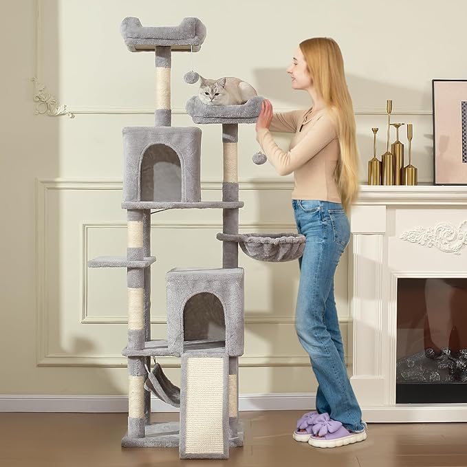 Cat Tree, 70-Inch Cat Tree Tower with Hammock, Scratching Post, Condo and Multi-Level Cat Tower, Large Cat Activity Center Playhouse, Light Gray LCT015