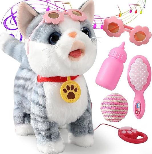 Gray Walking Cat Set Interactive Toy Cat for Girl Repeat What You Say Toy Kitten Talking Singing Dancing Touch Control Robot Cat Toy for Kid with Leash Wagging Tail Nodding Plush Electric Kitty