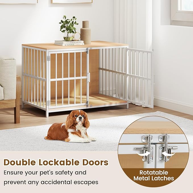 PETSITE 40 Inch Modern Dog Crate Furniture, Heavy Duty Wooden Dog Kennel with Double Lockable Doors, Decorative Dog Cage End Side Table for Small and Medium Sized Dogs (Natural)