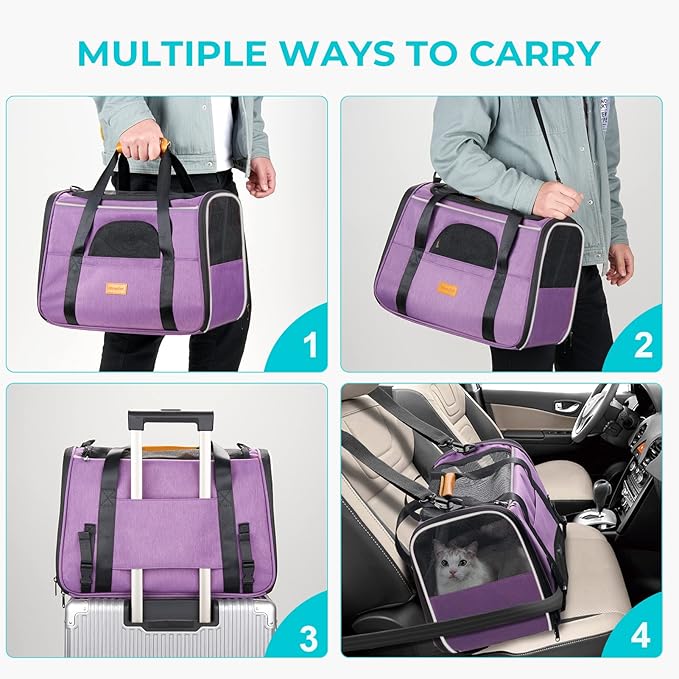 Morpilot Cat Carrier - Soft Sided Cat Carrier Large for Big Medium Cats and Puppy up to 18lbs, Pet Carrier with Safety Zippers, Foldable Bowl, Airline Approved Large Dog Carrier - Purple