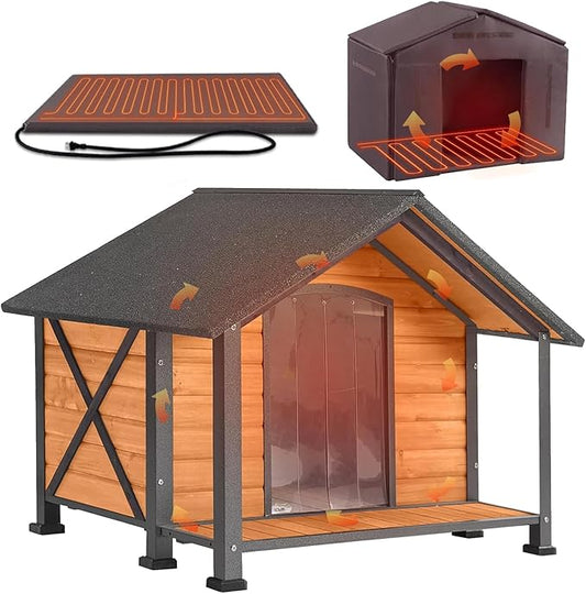 GUTINNEEN Heated Dog House for Outside Insulated Dog House Outdoor Weatherproof with Safe Heated Pad, Chew-Proof Metal Frame and Insulated Liner for Medium Dogs, 40.6" L x 34.3" W x 31.5" H