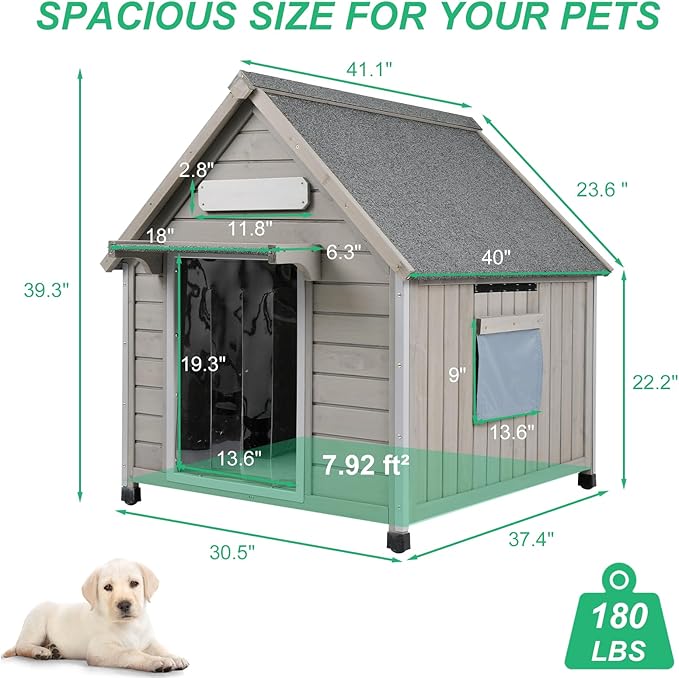 PetsCosset 30.5" L Outdoor Dog House with Waterproof Asphalt Roof for Small to Medium Dogs,Large Wooden Indoor Dog Kennel with Anti-Chewing Metal,Oxford Cloth Window,Durable Doghouse for 1-2 Dogs