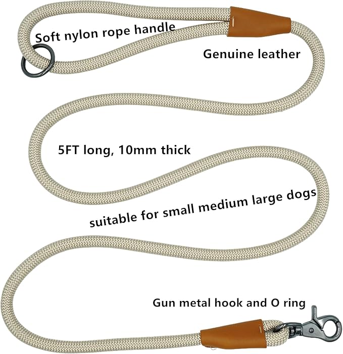 5FT Nylon Rope Dog Leash, Short Leash for Training Small Medium Large Dogs (Beige, 5FTx10MM)