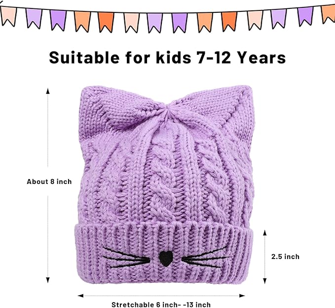 Kids Girls Cat Ear Hat Winter Warm Knit Beanie Cute Ski Skull Cap for Ages 7-12