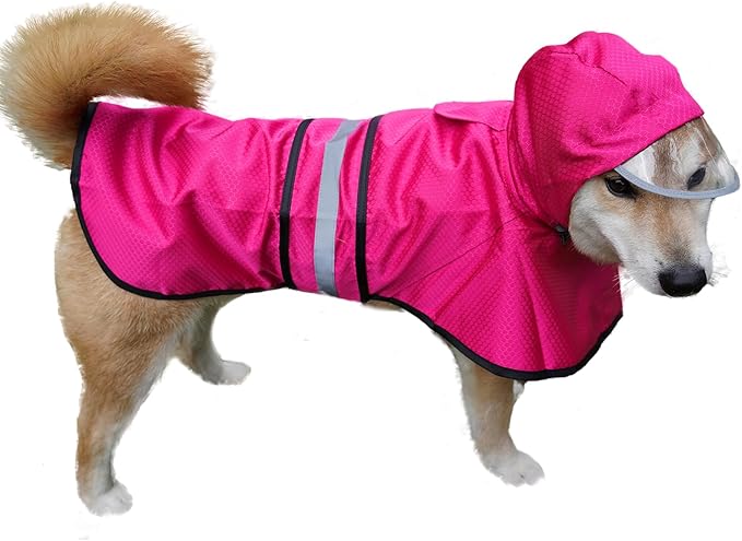 Dog Raincoat Waterproof Reflective Slicker - Lightweight Breathable Hooded Poncho Rain Coat Jacket with Adjustable Belly Strap and Leash Hole for Small Medium Large Dogs (Pink, Medium)