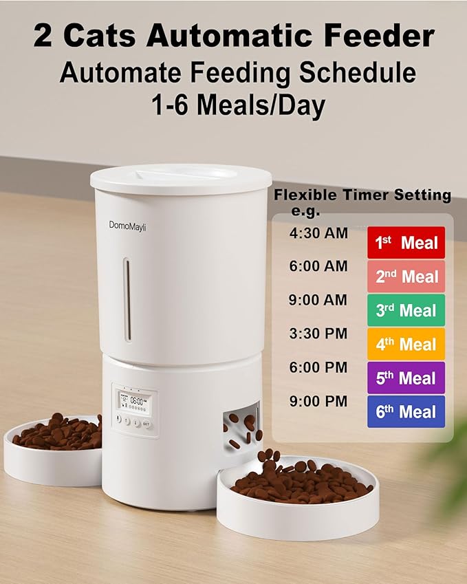 Automatic Cat Feeder for 2 Cats,Dual Bowl Dry Food Dispenser with Portion Control & 10s Voice Recorder,Timed Feeding,Dual Power,Quiet Operation(White, ABS Dual Bowls)