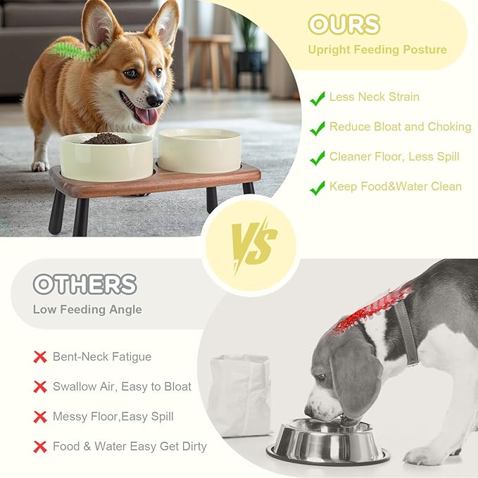 SPUNKYJUNKY Ceramic Elevated Dog Bowls Raised with Acacia Bamboo Wooden Stand, 6.1'' Dog and Cat Food Water Bowls Set Non-Slip for Small Medium Sized Breed Microwave Dishwasher Safe - 28.7 OZ,Beige