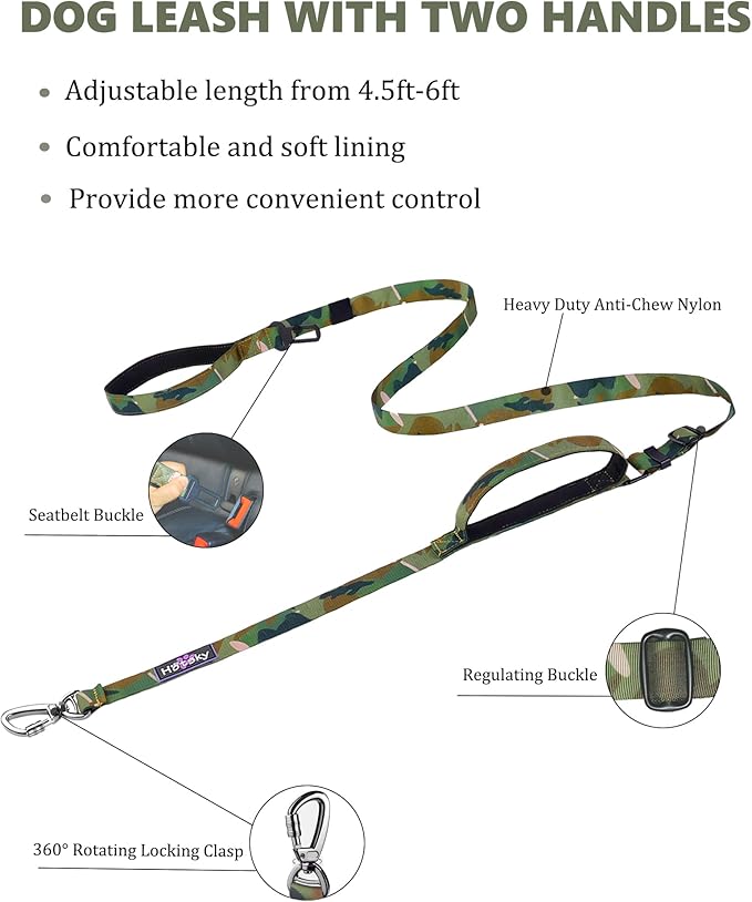 Hotsky Heavy Duty Dog Leash,4.5-6 FT Adjustable Durable Nylon Seatbelt Lead with Two Padded Traffic Handle and Carabiner for Large Medium and Small Breed Dogs,Camo