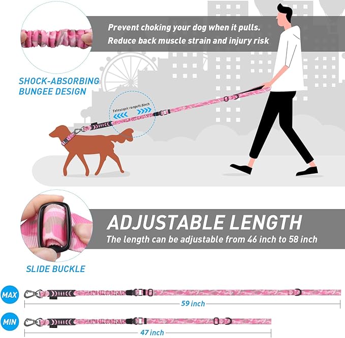 Hotsky Tactical Dog Leash Heavy Duty for Medium Large Dogs That Pull,4-6Ft Strong Bungee Shock Absorbing No Pull Dog Leash with Padded Double Handle and Car Seatbelt,Pink Camo