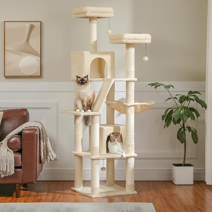 PAWZ Road 70 Inch Cat Tower, Tall Cat Tree with 2 Cozy Condos, 2 Plush Perch, Large Basket, 2 Scraching Pad & 6 Scraching Posts for Indoor Cats Large Adult, Beige