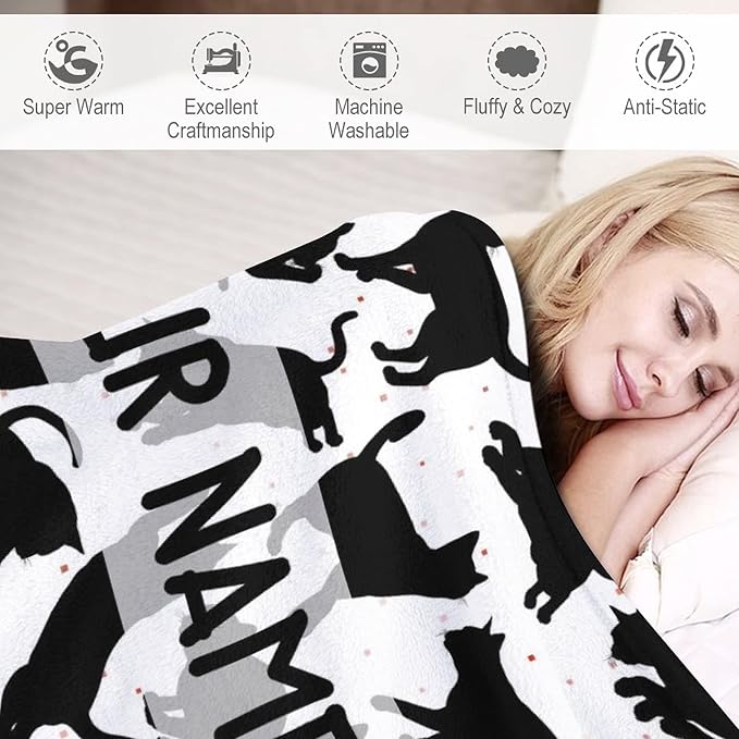 Personalized Cat Blanket Gifts with Name - 30"x40" Cute Throw Blanket for Adults Kids - Black Soft Plush Throws for Bed, Couch & Travel