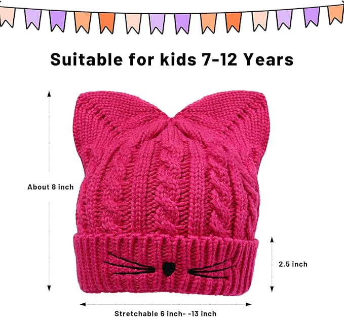 Kids Girls Cat Ear Hat Winter Warm Knit Beanie Cute Ski Skull Cap for Ages 7-12
