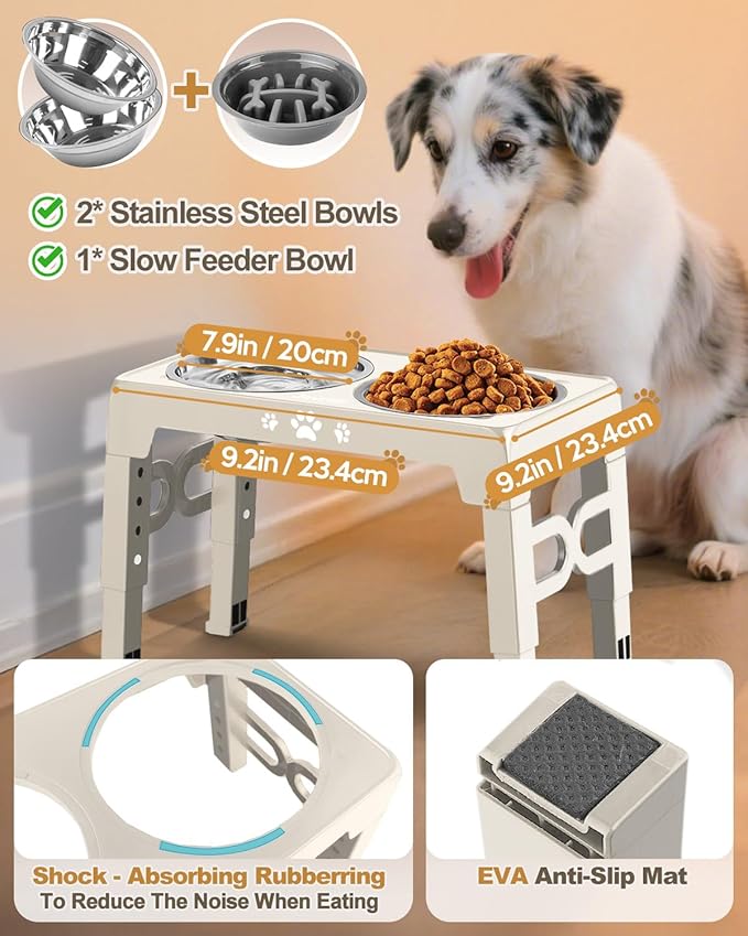 Elevated Dog Bowls, Dog Feeder with 2 Stainless Steel Dishes &1 Slow Feeder Bowl, 5 Heights Adjustable Raised Stand for Medium Large, Food Dishes with Non-Slip Feet