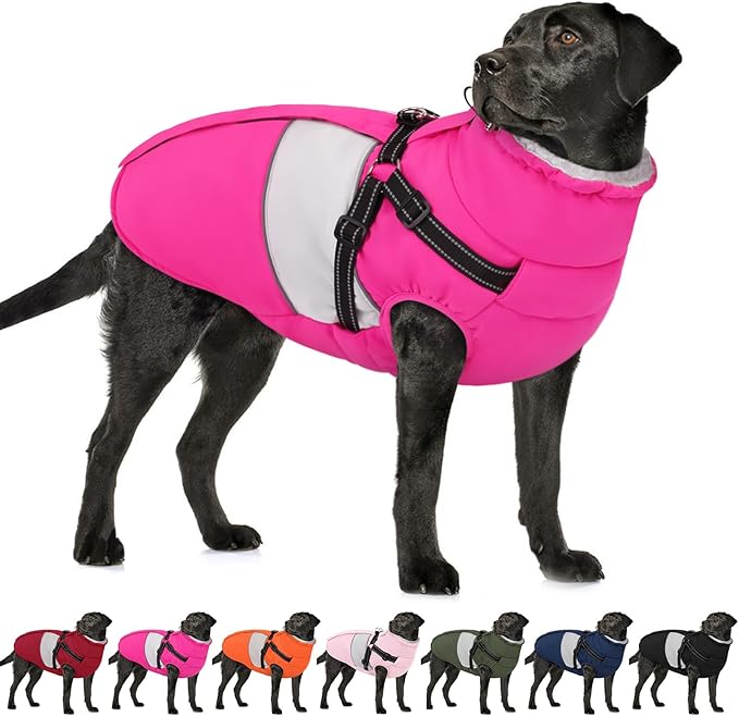 AOFITEE Dog Coat, Large Dog Jacket, Dogs Coat with Harness Built in, Reflective Waterproof Dogs Jackets Winter with Furry Collar, Warm Polar Fleece Pet Sweater Snowsuit for Doberman, Great Dane XXXL
