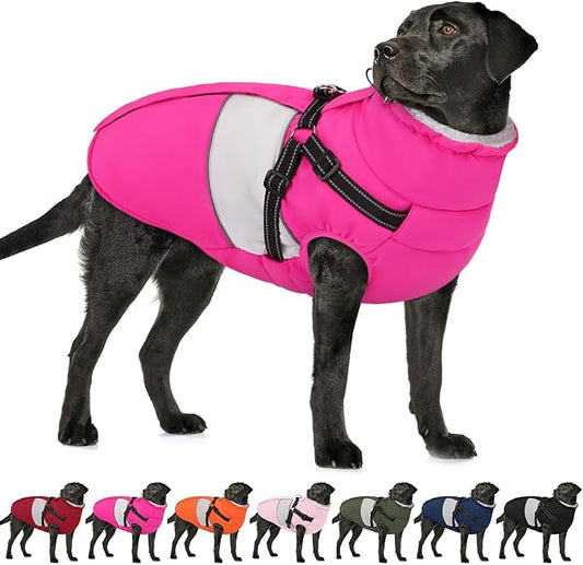 AOFITEE Dog Coat, Large Dog Jacket, Dogs Coat with Harness Built in, Reflective Waterproof Dogs Jackets Winter with Furry Collar, Warm Polar Fleece Pet Sweater Snowsuit for Doberman, Great Dane XXXL
