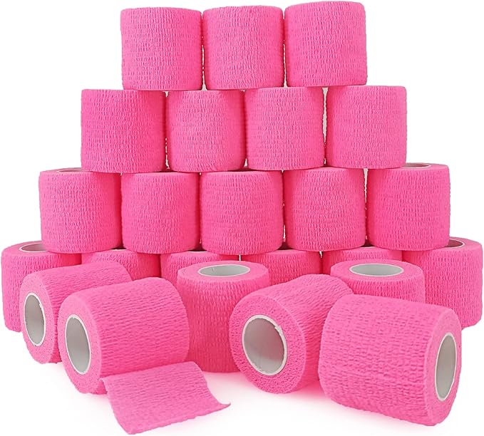 24 Rolls Pink Elastic Self Adhesive Bandage Wrap, Breathable Flexible Fabric Non Woven Cohesive Bandage, Ankle Sprains Swelling Medical First Aid Sports Athletic Tape, Dogs Pet Vet Wrap 2 in x 5 Yards