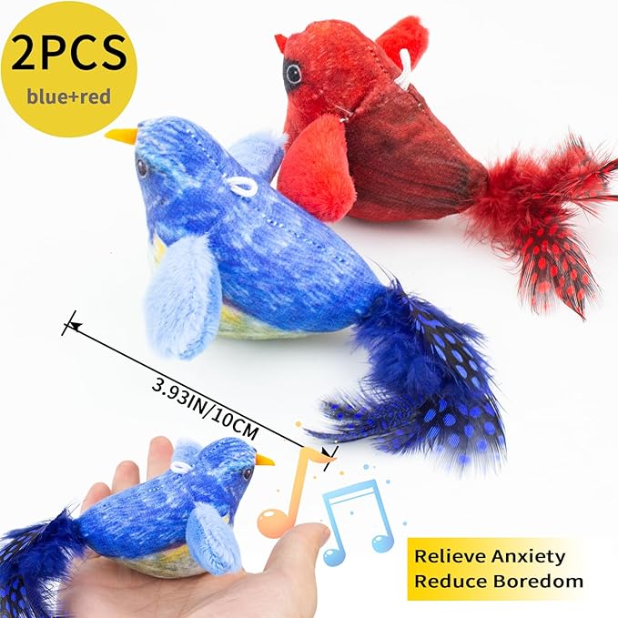 2 Pcs Chirping Birds Cat Toys with Catnip SilverVine, Vivid Chirping with Hanging Rope, Touch Activated Squeaky Sound Cats Toy, Interactive Indoor Kitten Kitty Exercise & Kicker Toys