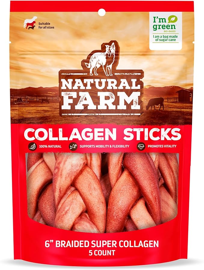 Natural Farm Odor-Free Super Braided Collagen Dog Chews (6-Inch, 5-Pack) First Ever Real Bull Sticks Alternative, 100% Natural Angus Hide Collagen Treats- More Protein More Chew Time for All Dogs
