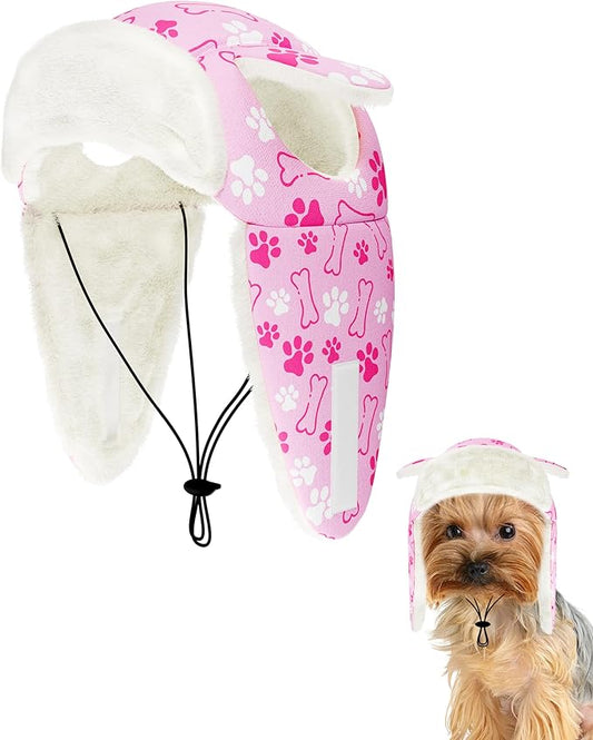 PET SHOW Dog Trapper Hat Winter Hat for Extra Small Dogs Cats Warm Fleece Aviator Hats with Ear Flaps Adjustable Outdoor Girl Puppy Pet Pilot Costume Cap XS-Pink Paw/with Ear Holes